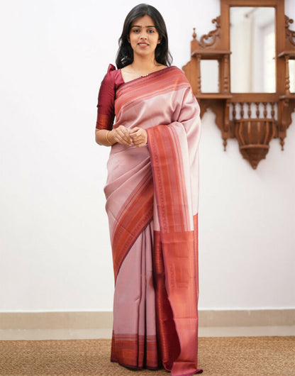 Peach & Maroon Banarasi Soft Silk Saree With Zari Weaving Work