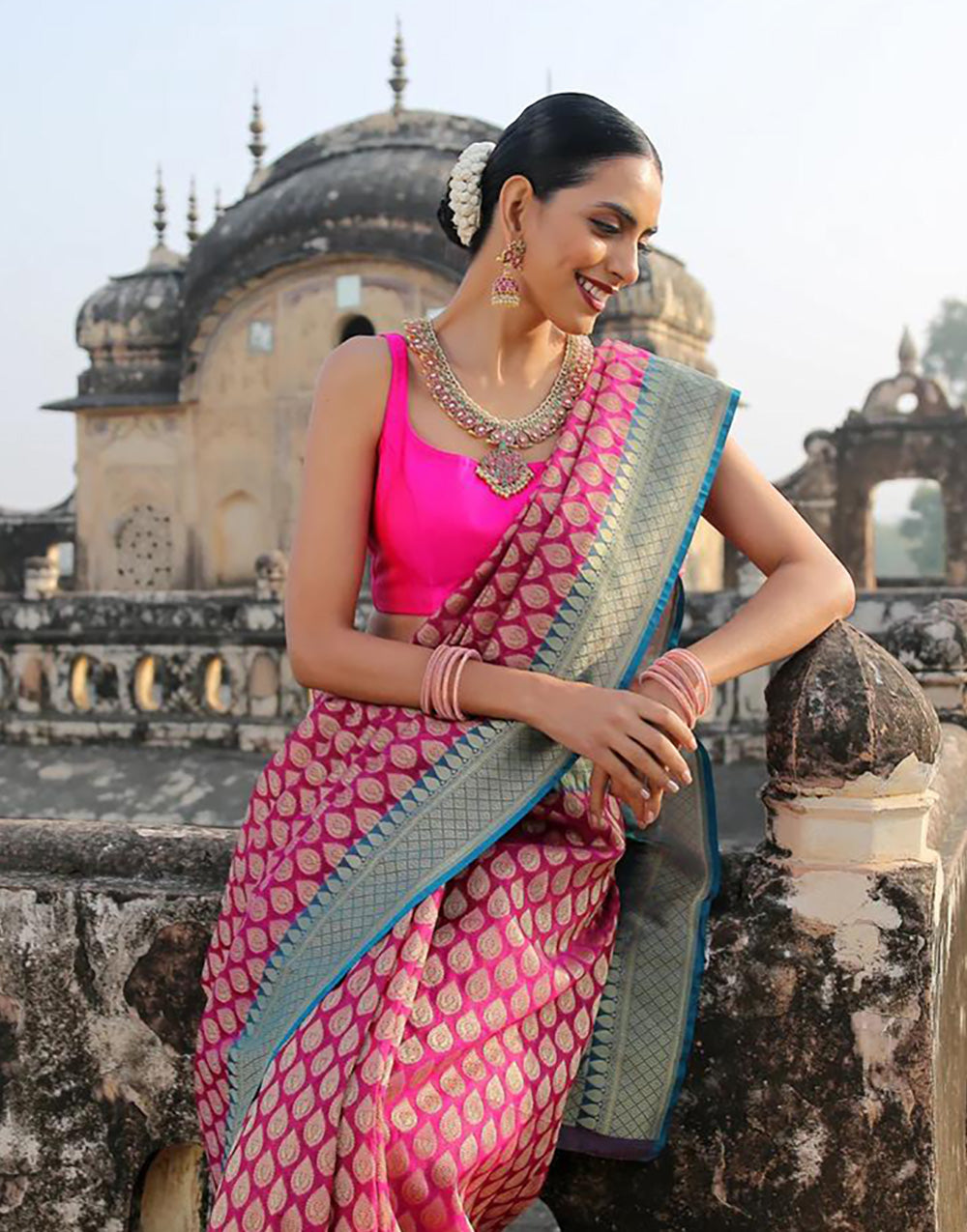 Dark Pink Banarasi Soft Silk Saree With  Weaving Border