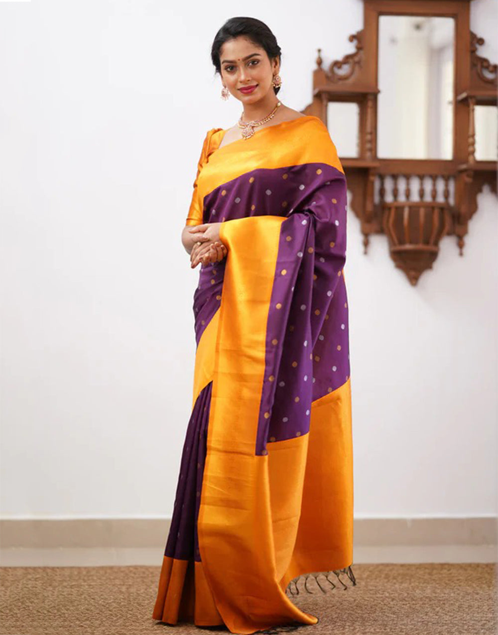 Yellow & Wine Banarasi Soft Silk Saree With Weaving Work