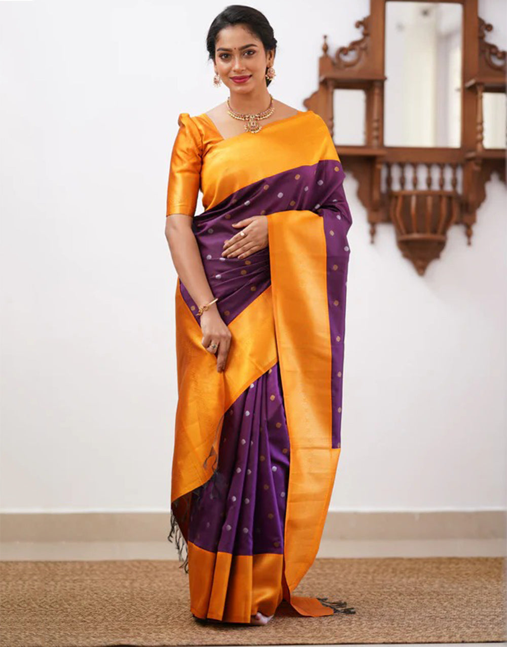 Yellow & Wine Banarasi Soft Silk Saree With Weaving Work