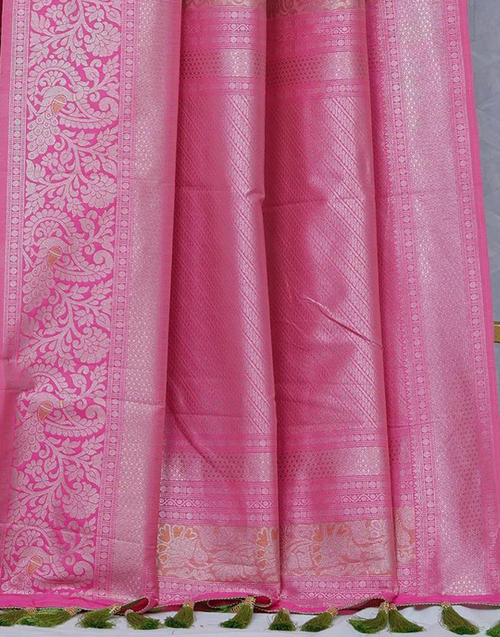 Baby Pink & Green Kanjivaram Silk Saree With Weaving Work