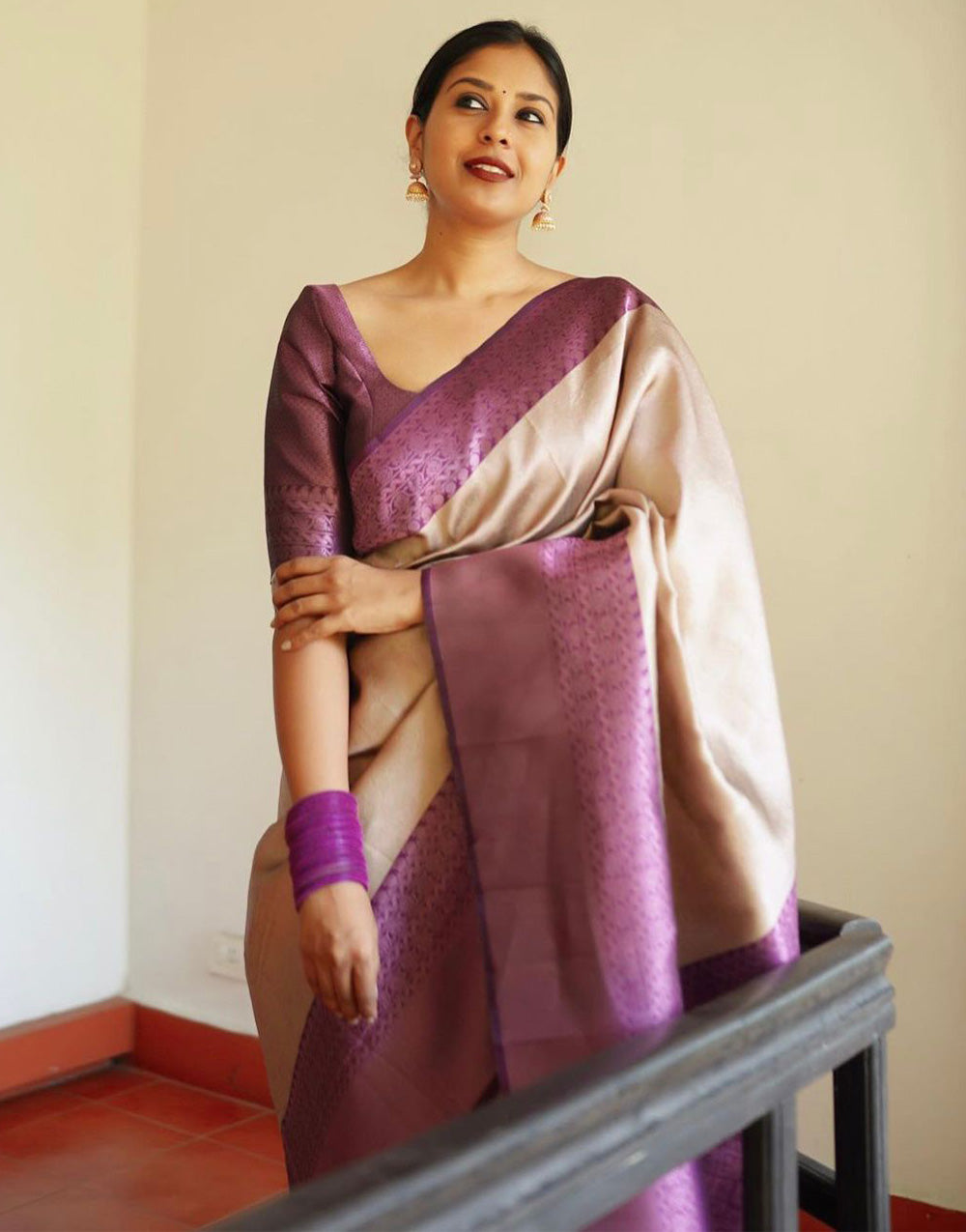 Cream & Grape Wine Banarasi Silk Saree With Zari Weaving Work
