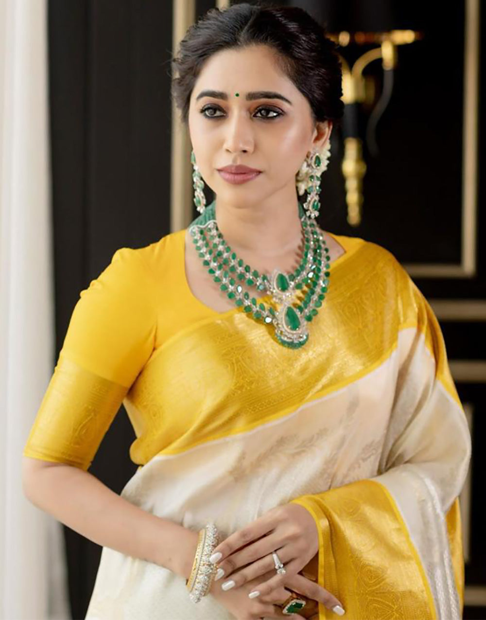 Yellow & Cream Banarasi Silk Saree With Weaving Work