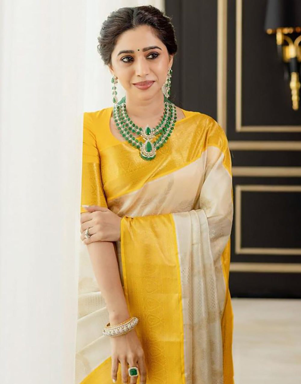 Yellow & Cream Banarasi Silk Saree With Weaving Work