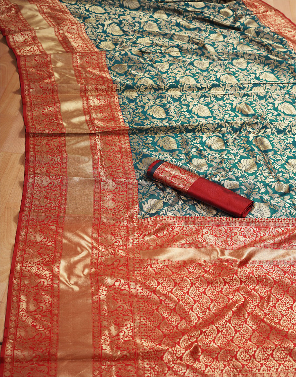 Teal Green Banarasi Silk With Gold Zari Weaving Work