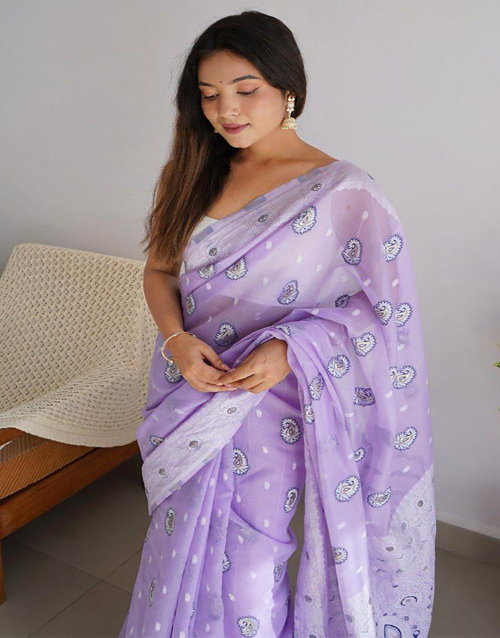 Lavender Soft Linen Cotton Saree With Weaving Border