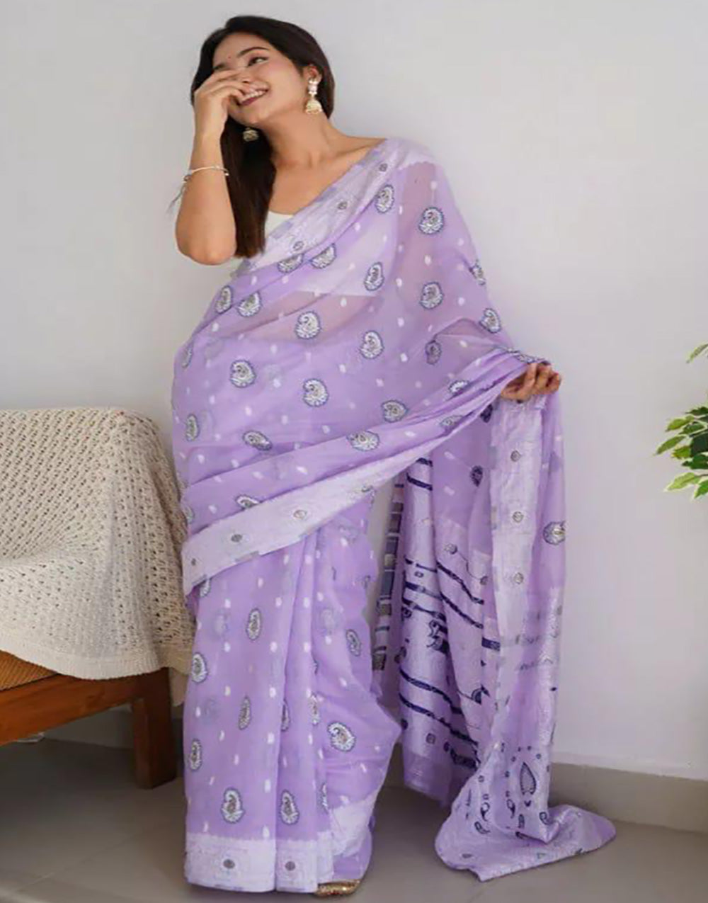 Lavender Soft Linen Cotton Saree With Weaving Border