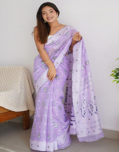 Lavender Soft Linen Cotton Saree With Weaving Border