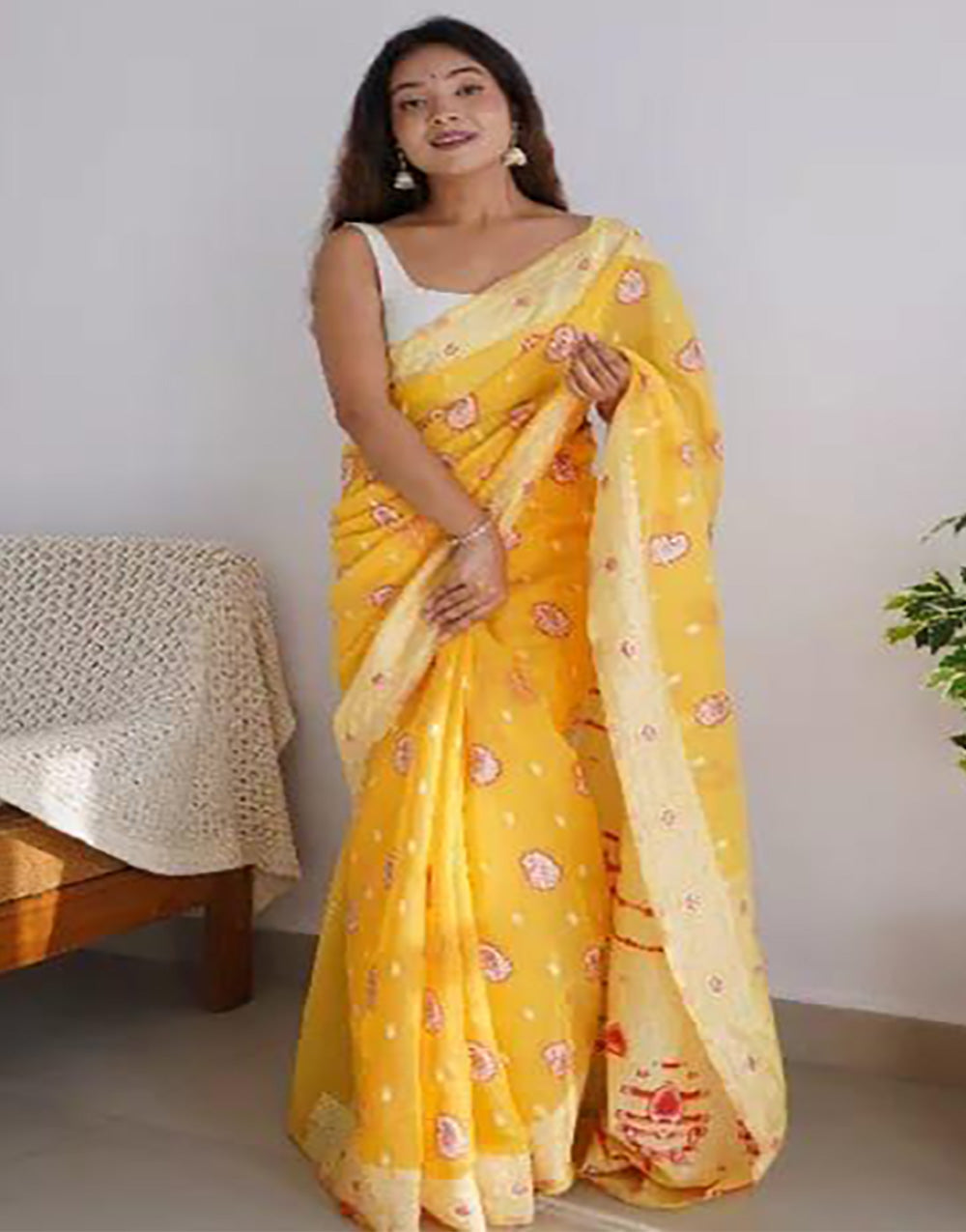 Yellow Soft Linen Cotton Saree With Weaving Border