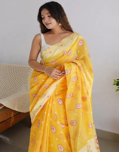 Yellow Soft Linen Cotton Saree With Weaving Border