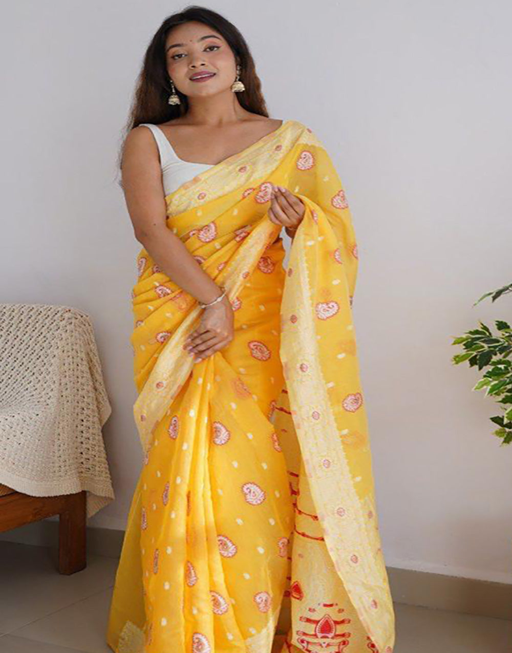 Yellow Soft Linen Cotton Saree With Weaving Border