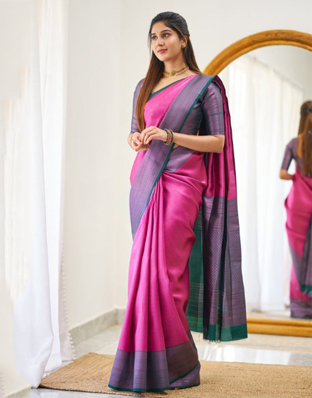 Hot Pink Banarasi Soft Silk Saree With Zari Weaving Work