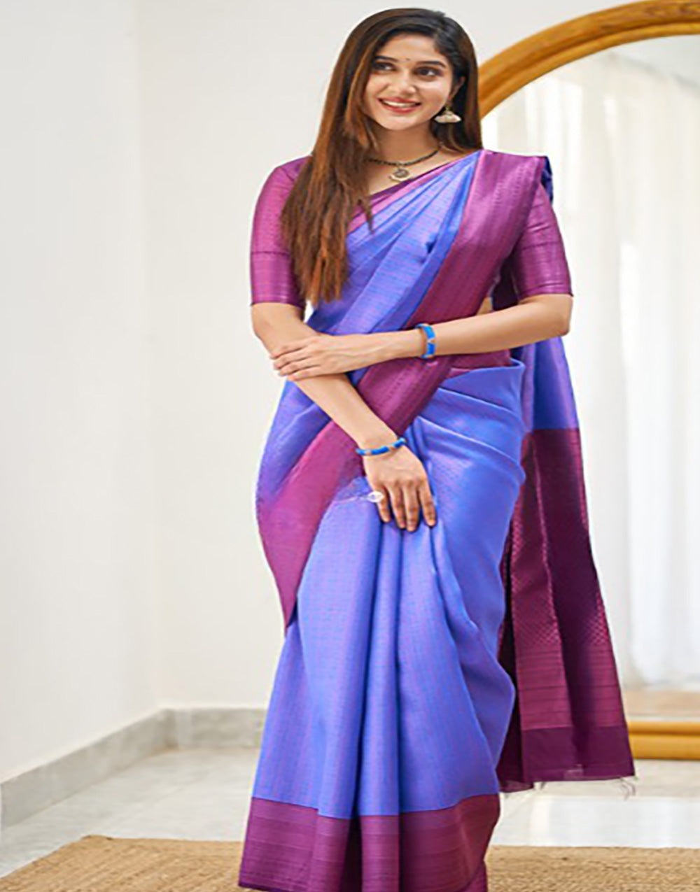 Purblish Blue Banarasi Soft Silk Saree With Zari Weaving Work
