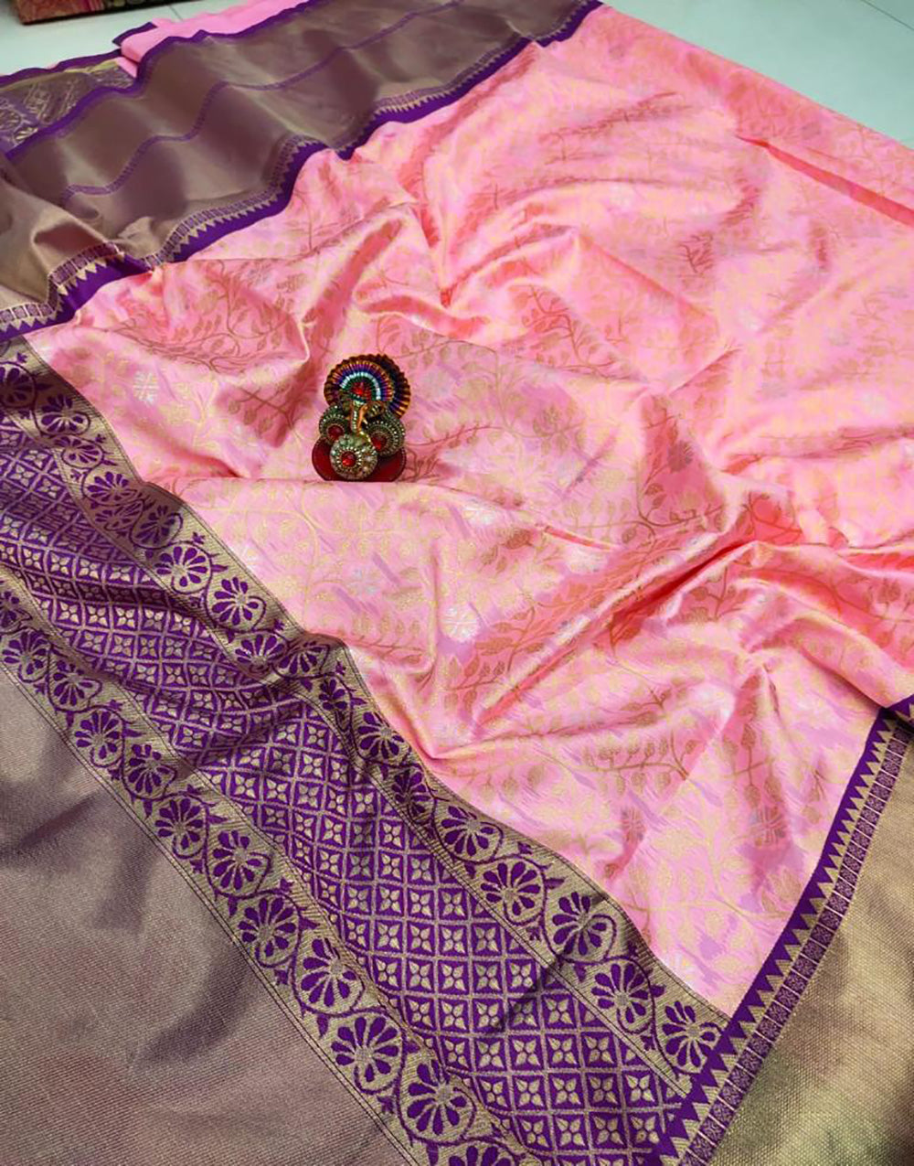 Baby Pink Banarasi Soft Silk Saree With Weaving Work
