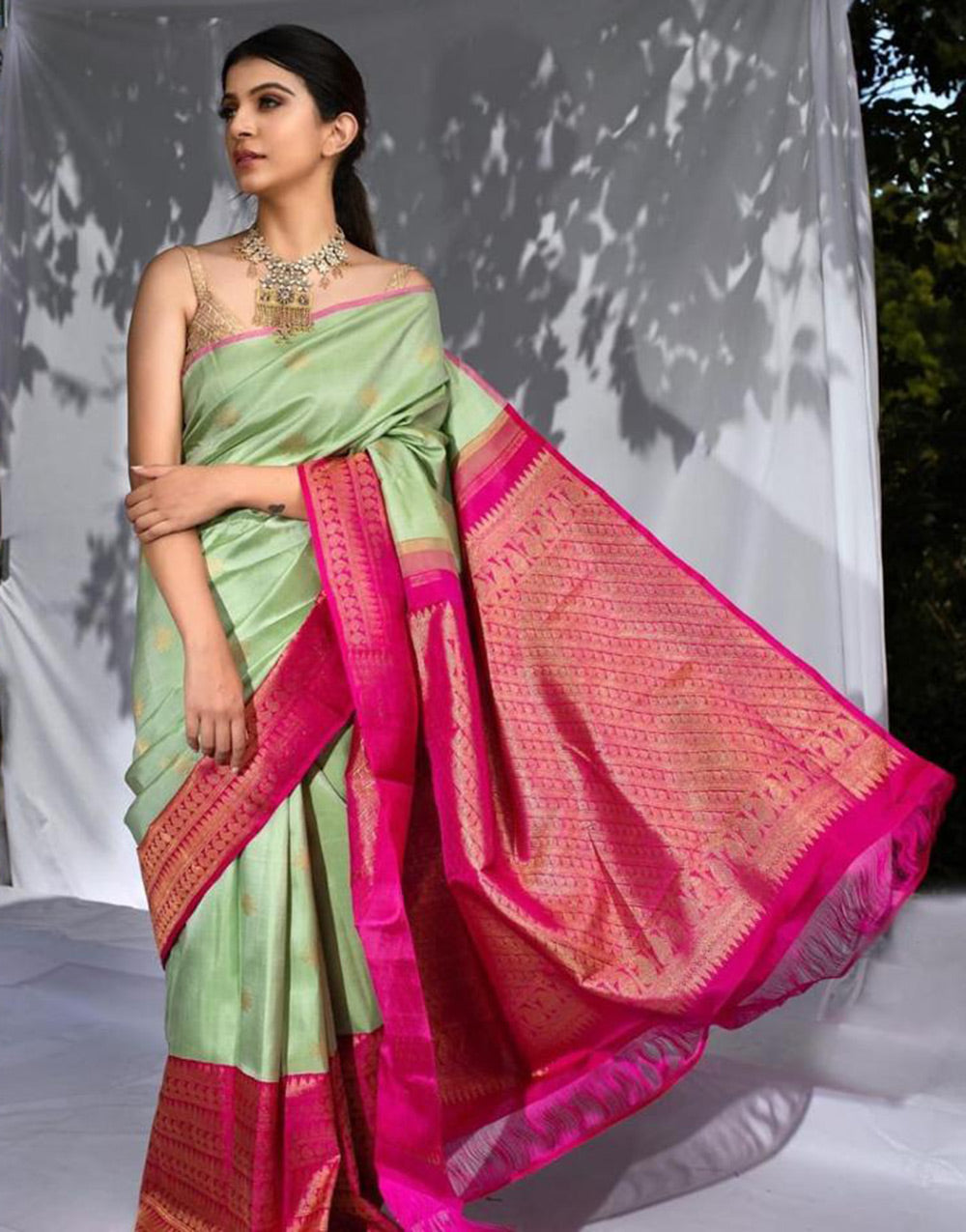 Green & Pink Banarasi Soft Silk Saree With Zari Weaving Work