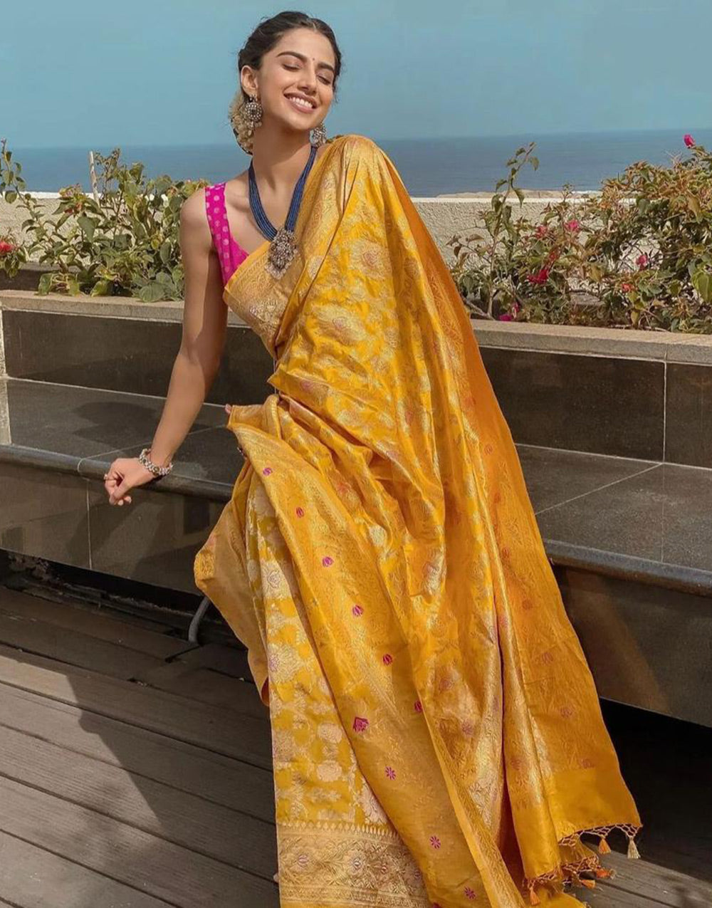 Yellow Banarasi Soft Silk Saree With Zari Weaving Work