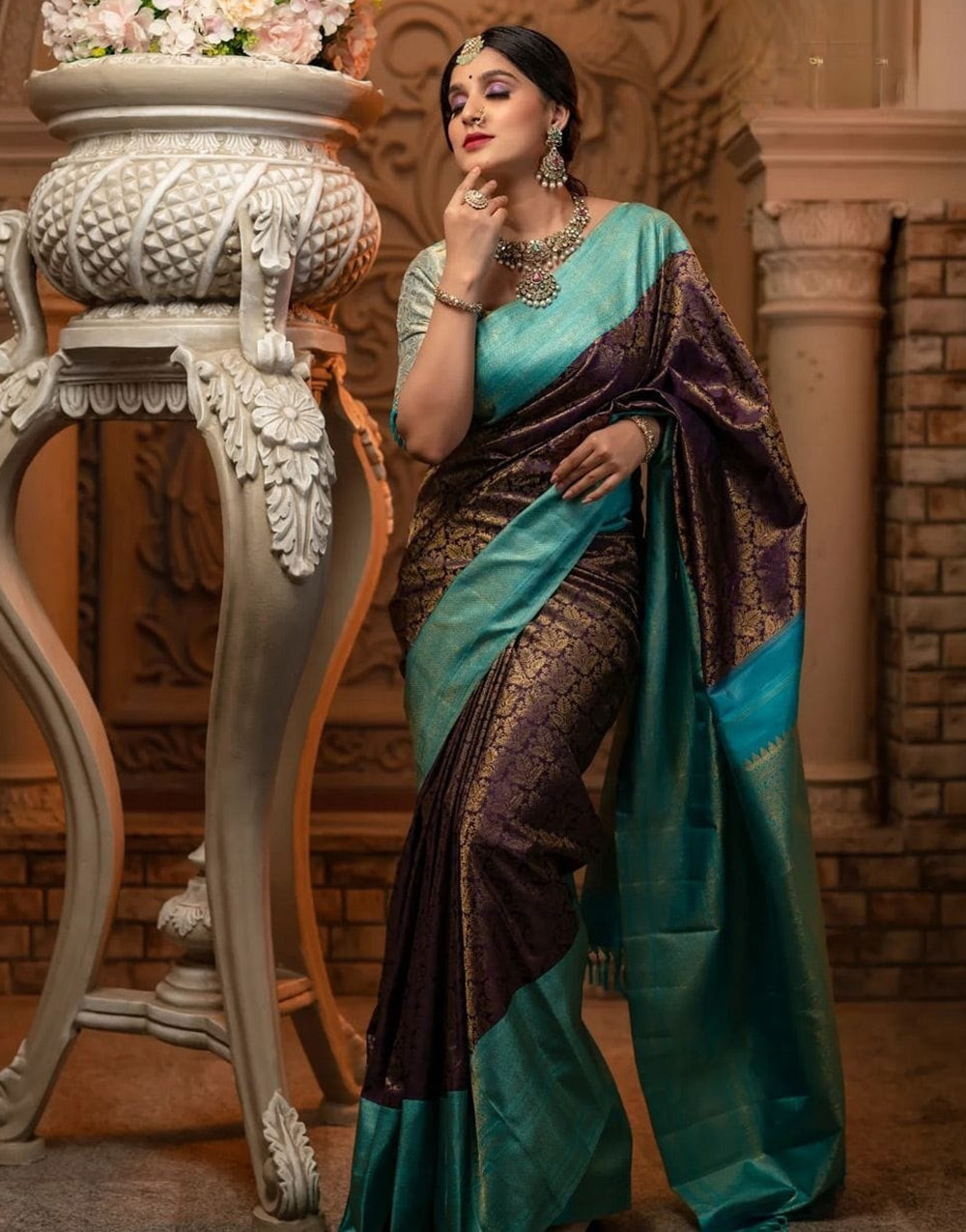 Wine & Sky Blue Banarasi Soft Silk Saree With Zari Weaving Work