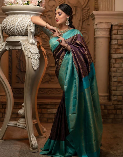 Wine & Sky Blue Banarasi Soft Silk Saree With Zari Weaving Work