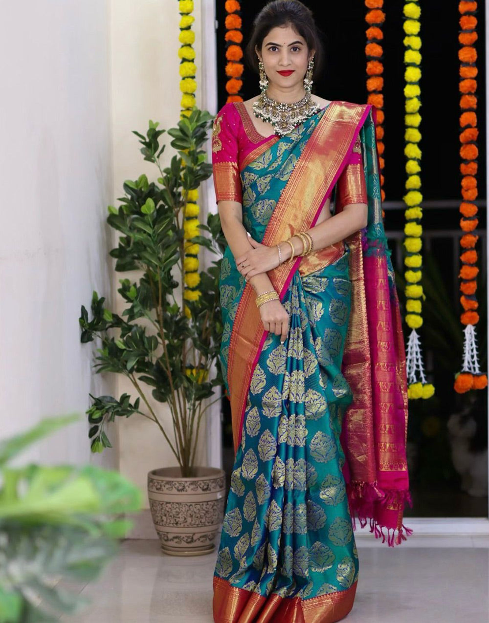 Rama Blue Banarasi Soft Silk Saree With Zari Weaving Work