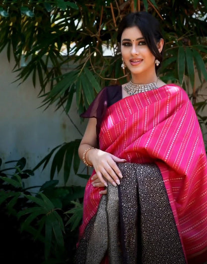 Pink Banarasi Soft Silk Saree With Zari Weaving Work