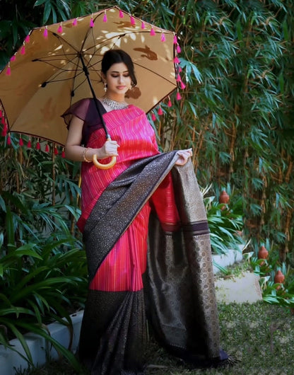 Pink Banarasi Soft Silk Saree With Zari Weaving Work