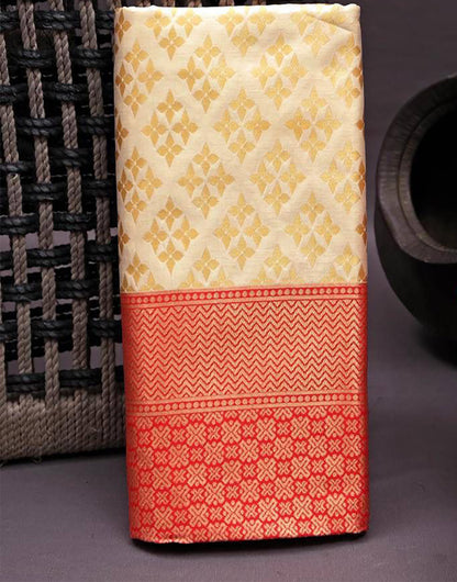 Cream & Red Kanjivaram Silk Saree With Weaving Work