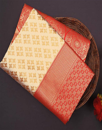 Cream & Red Kanjivaram Silk Saree With Weaving Work