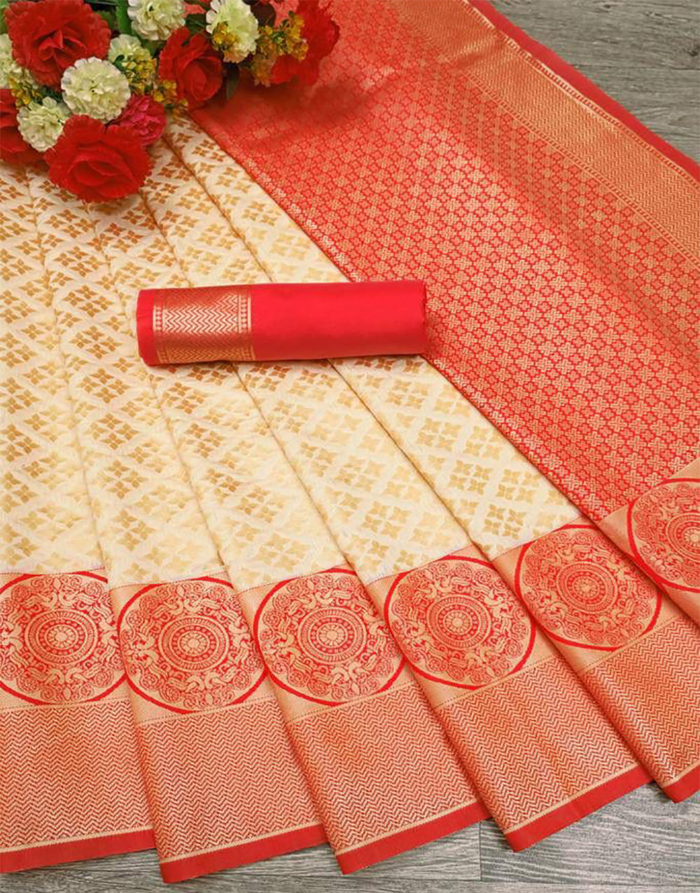 Cream & Red Kanjivaram Silk Saree With Weaving Work