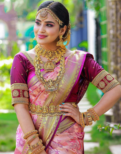 Bubblegum Pink Kanchipuram Silk Saree With Weaving Work