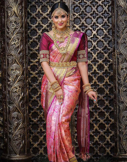 Bubblegum Pink Kanchipuram Silk Saree With Weaving Work