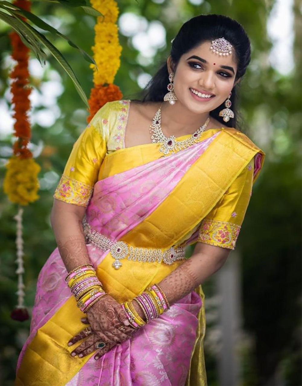 Yellow & Pink Banarasi Soft Silk Saree With Weaving Work
