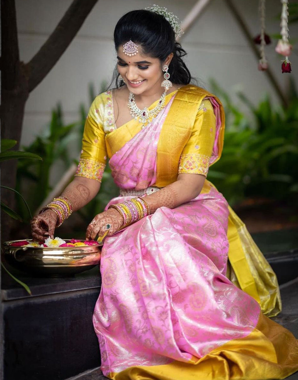 Yellow & Pink Banarasi Soft Silk Saree With Weaving Work