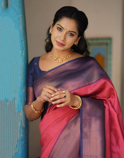 Pink & Blue Banarasi Silk Saree With Zari Weaving Work