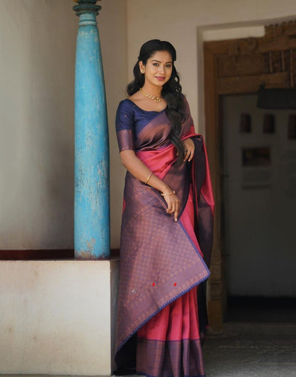 Pink & Blue Banarasi Silk Saree With Zari Weaving Work