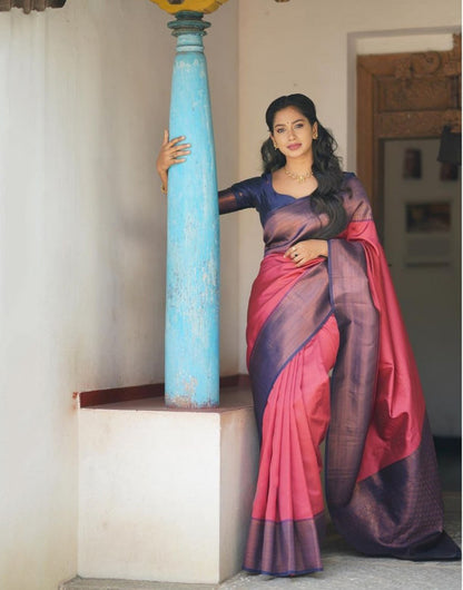 Pink & Blue Banarasi Silk Saree With Zari Weaving Work