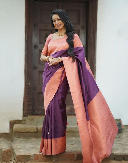 Purple & Peach Banarasi Silk Saree With Zari Weaving Work