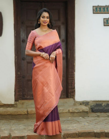 Purple & Peach Banarasi Silk Saree With Zari Weaving Work