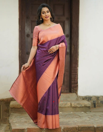 Purple & Peach Banarasi Silk Saree With Zari Weaving Work