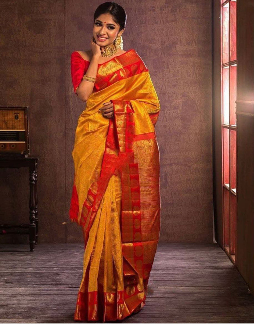 Yellow & Red Banarasi Silk Saree With Zari Weaving Work