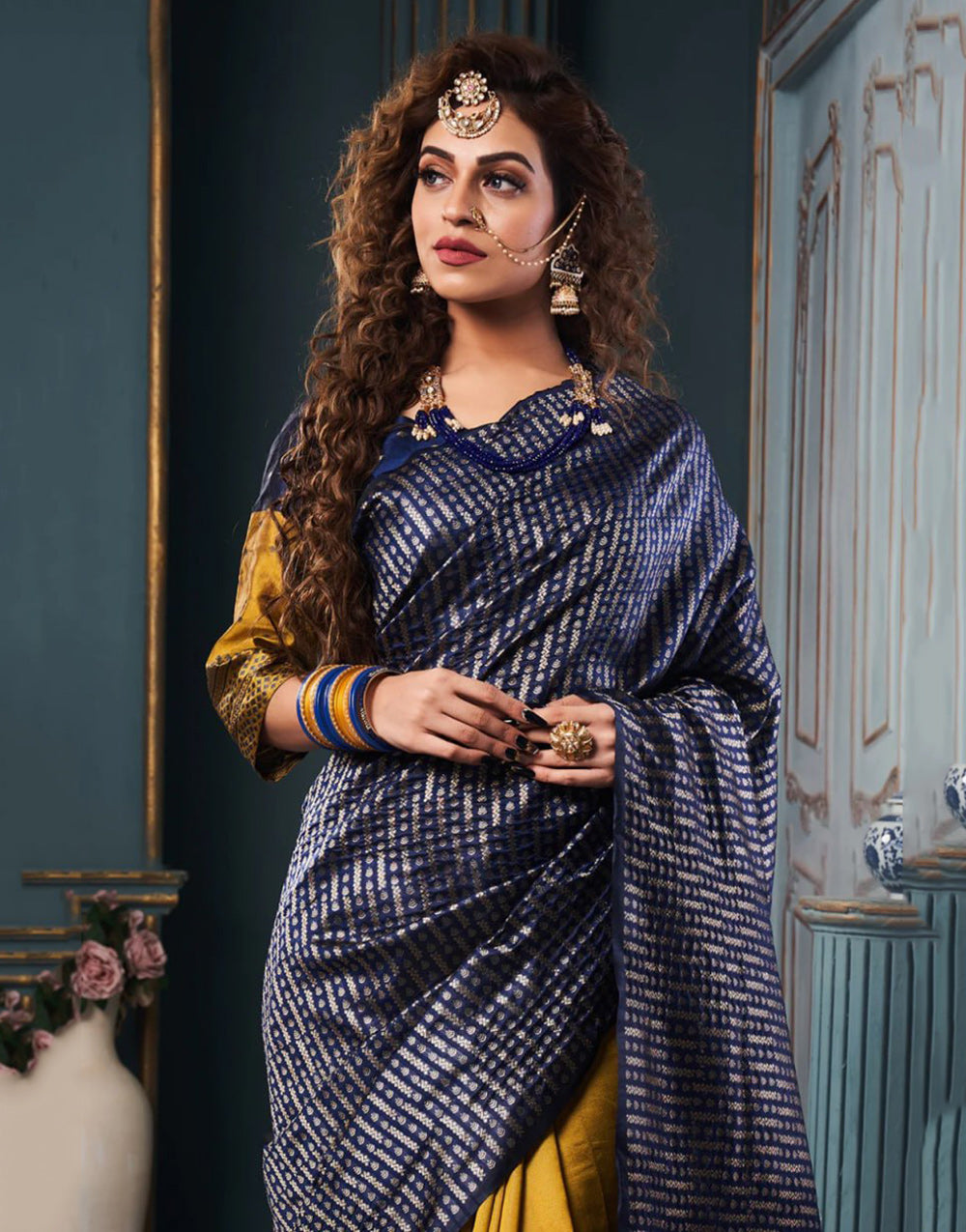 Blue & Mustard Yellow Banarasi Silk Saree With Zari Weaving Work