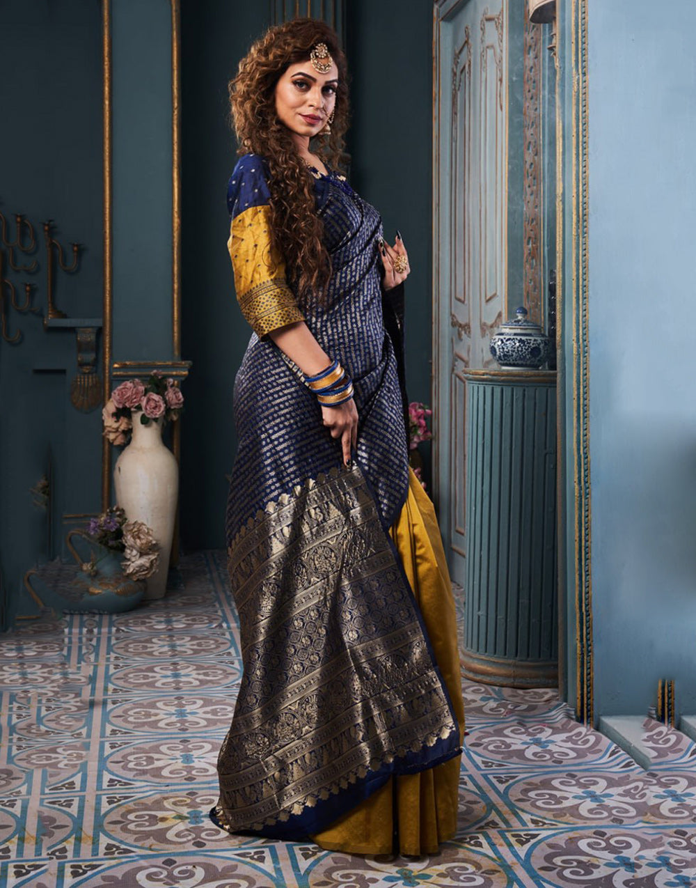 Blue & Mustard Yellow Banarasi Silk Saree With Zari Weaving Work