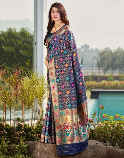 Navy Blue Banarasi Silk Saree With Zari Weaving Work