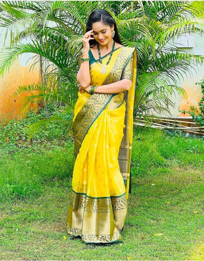 Yellow Banarasi Silk Saree With Zari Weaving Work