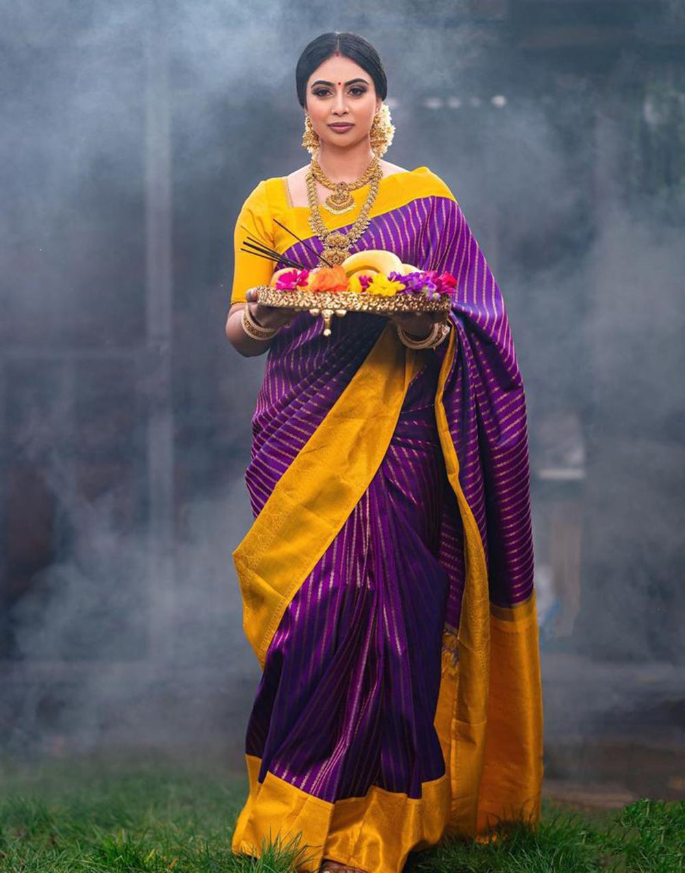 Purple & Yellow Banarasi Silk Saree With Zari Weaving Work
