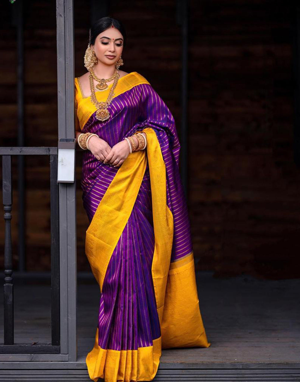 Purple & Yellow Banarasi Silk Saree With Zari Weaving Work