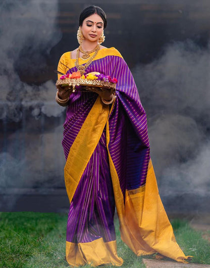 Purple & Yellow Banarasi Silk Saree With Zari Weaving Work