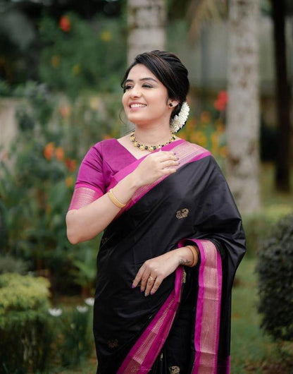 Black & Pink Banarasi Silk Saree With Zari Weaving Work