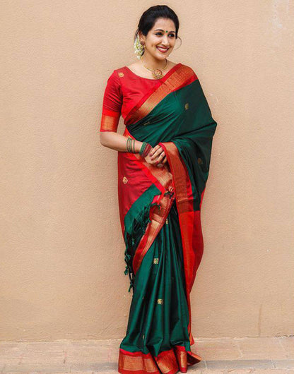 Green & Red Banarasi Silk Saree With Zari Weaving Work