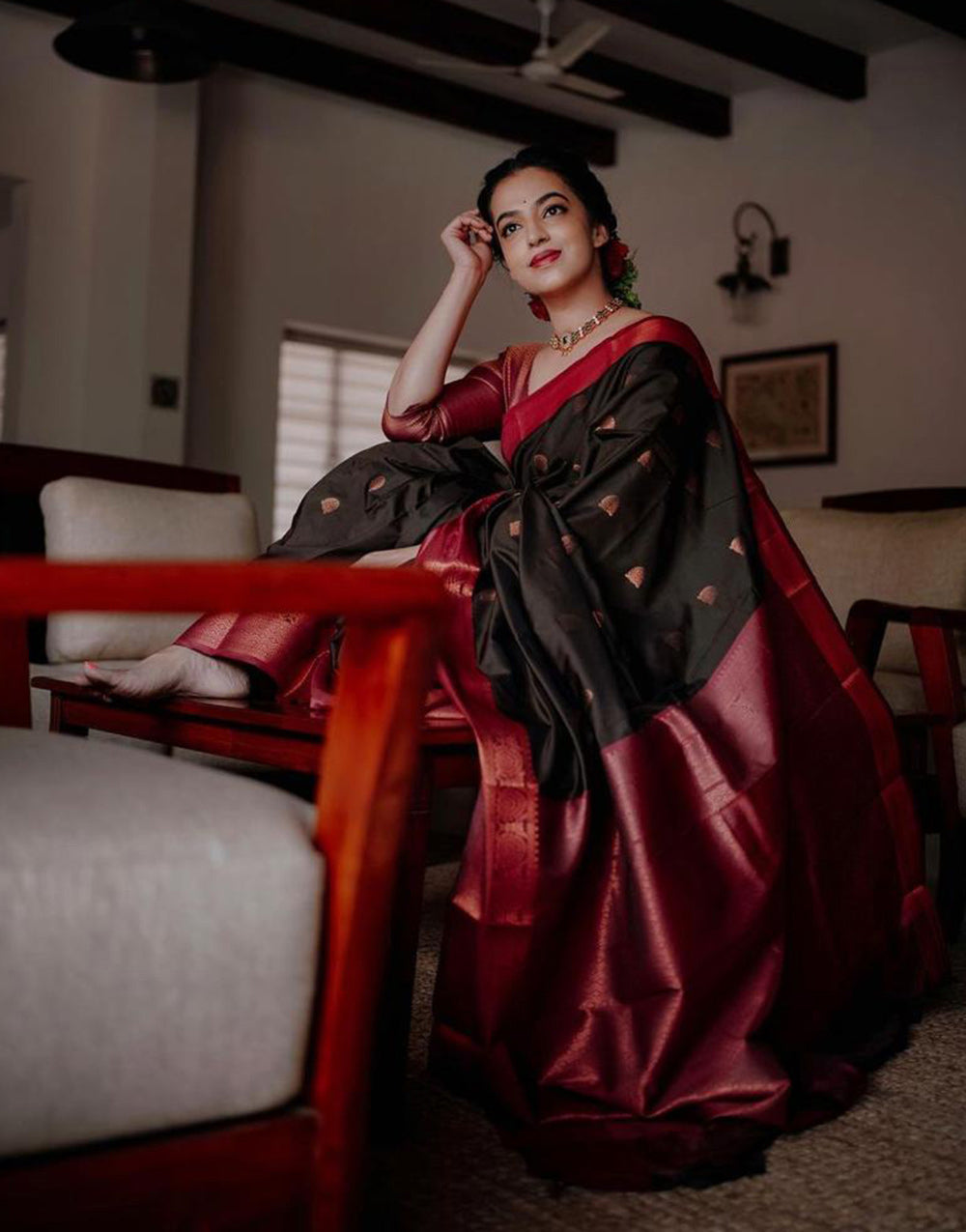 Dark Brown & Red Banarasi Silk Saree With Zari Weaving Work