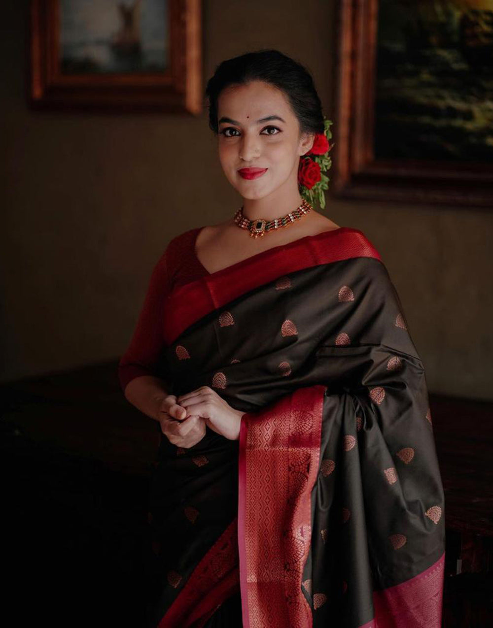 Dark Brown & Red Banarasi Silk Saree With Zari Weaving Work